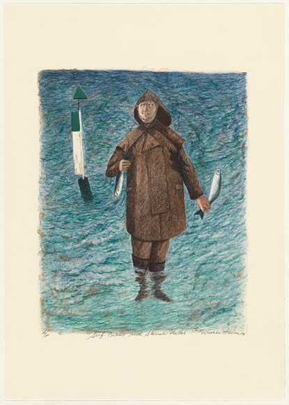 Artist: b'Robinson, William.' | Title: b'Self portrait with stunned mullet' | Date: 2004 | Technique: b'lithograph, printed in colour, from multiple stones'