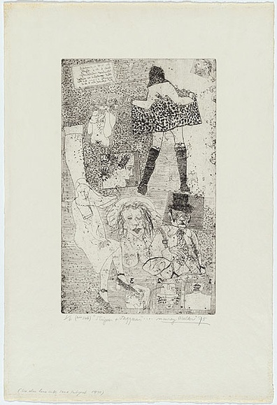 Artist: b'WALKER, Murray' | Title: b'Stripper and jazzman.' | Date: 1975 | Technique: b'etching, printed in black ink, from one plate'