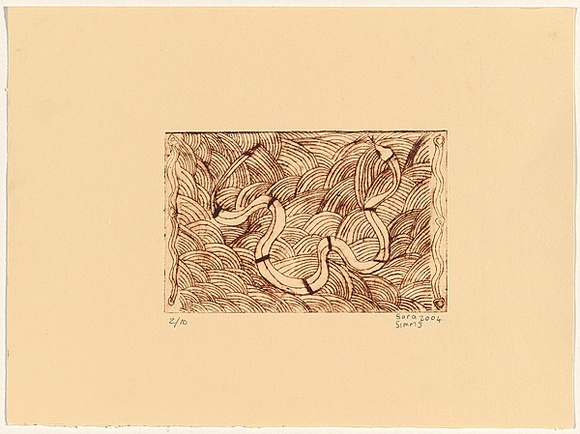 Artist: b'SIMMS, Sara' | Title: b'not titled [snake]' | Date: 2004 | Technique: b'drypoint etching, printed in brown ink, from one perspex plate'