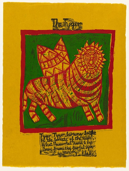 Artist: b'HANRAHAN, Barbara' | Title: b'The tyger' | Date: 1964 | Technique: b'linocut, printed in colour, from four blocks'