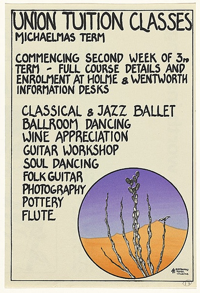 Artist: b'LITTLE, Colin' | Title: b'Union tuition classes Michaelmas term' | Date: 1976 | Technique: b'screenprint, printed in colour, from three stencils'