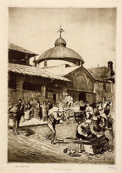 Artist: b'LINDSAY, Lionel' | Title: b'George Street market, York Street side' | Date: 1914 | Technique: b'etching, printed in brown ink with plate-tone, from one plate' | Copyright: b'Courtesy of the National Library of Australia'