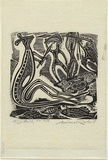 Artist: Ratas, Vaclovas. | Title: Kangaroo hunt | Date: 1952 | Technique: woodcut, printed in black with hand-colouring from one block