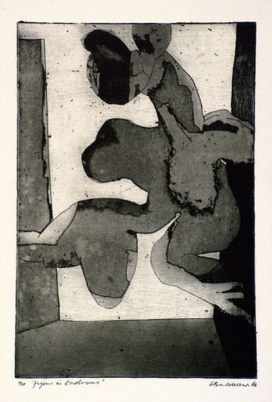 Artist: b'BALDESSIN, George' | Title: b'Figure in enclosure.' | Date: 1964 | Technique: b'etching and aquatint, printed in black ink, from one plate'