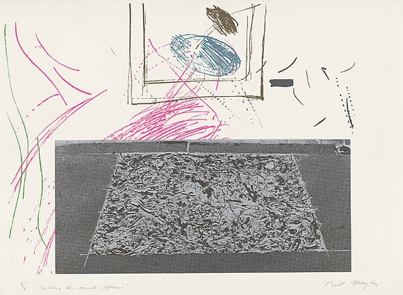 Artist: b'MEYER, Bill' | Title: b'Cutting the concrete softness' | Date: 1981 | Technique: b'screenprint, printed in seven colours, from six screens (half tone photo images and indirect hand-cut stencils)' | Copyright: b'\xc2\xa9 Bill Meyer'