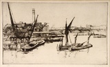 Artist: b'LONG, Sydney' | Title: b'The river from Blackfriars Bridge' | Date: 1925 | Technique: b'line-etching, drypoint, printed in black ink from one copper plate' | Copyright: b'Reproduced with the kind permission of the Ophthalmic Research Institute of Australia'