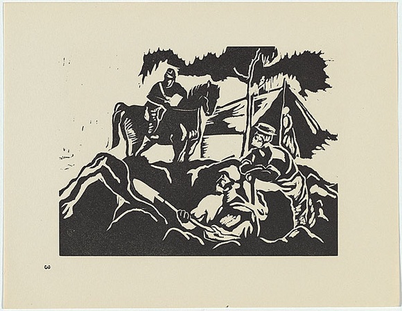 Artist: bO'Connor, Pat.X | Title: b'The licence hunt.' | Date: 1954 | Technique: b'linocut, printed in black ink, from one block'