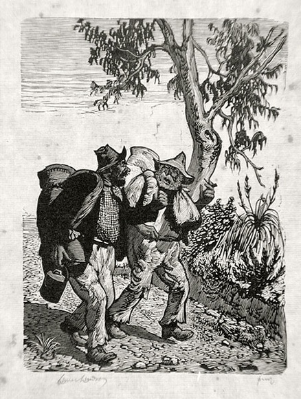 Artist: b'LINDSAY, Lionel' | Title: b'Two sundowners, Brunny and Swampy' | Date: 1939 | Technique: b'wood-engraving, printed in black ink, from one block' | Copyright: b'Courtesy of the National Library of Australia'