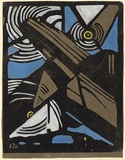 Artist: b'PRESTON, Margaret' | Title: b'The aeroplane.' | Date: 1925 | Technique: b'woodcut, printed in black ink, from one block; hand-coloured' | Copyright: b'\xc2\xa9 Margaret Preston. Licensed by VISCOPY, Australia'