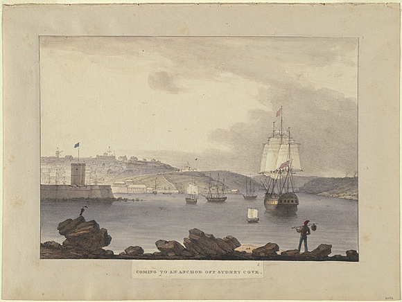 Artist: Earle, Augustus. | Title: Coming to anchor off Sydney Cove. | Date: 1830 | Technique: lithograph, printed in black ink, from one stone; hand-coloured
