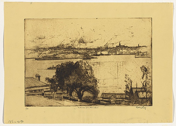 Artist: b'LONG, Sydney' | Title: b'The harbour from Blues Point' | Date: 1928, after | Technique: b'line-etching, printed in dark from one plate' | Copyright: b'Reproduced with the kind permission of the Ophthalmic Research Institute of Australia'