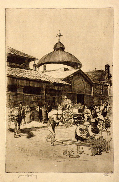 Artist: b'LINDSAY, Lionel' | Title: b'George Street Market' | Date: 1914 | Technique: b'etching, printed in brown ink with plate-tone, from one plate' | Copyright: b'Courtesy of the National Library of Australia'
