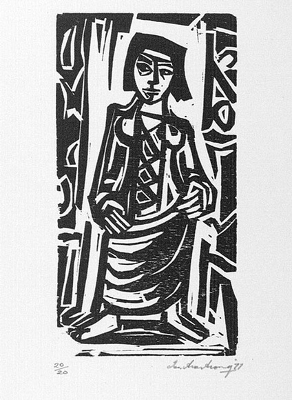 Artist: b'Armstrong, Ian.' | Title: b'(Enthroned figure).' | Date: 1977 | Technique: b'woodcut, printed in black ink, from one block'