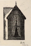 Artist: OGILVIE, Helen | Title: not titled [Cable window with lace curtains - a design used for catalogue covers/invitations for the artist's exhibitions]. | Date: c.1944 | Technique: wood-engraving, printed in black ink, from one block