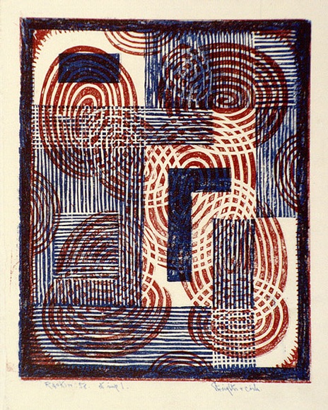 Artist: b'Hawkins, Weaver.' | Title: b'Straights and coils 1' | Date: 1958 | Technique: b'linocut, printed in colour, from multiple blocks' | Copyright: b'The Estate of H.F Weaver Hawkins'