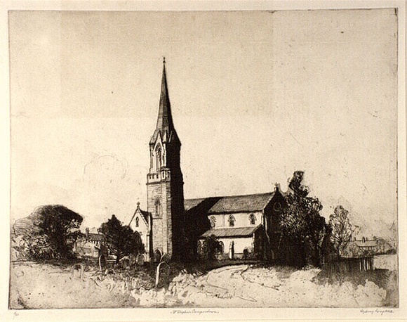 Artist: b'LONG, Sydney' | Title: bSt. Stephen's, Camperdown | Date: 1928, after | Technique: b'line-etching and aquatint, printed in black ink, from one plate' | Copyright: b'Reproduced with the kind permission of the Ophthalmic Research Institute of Australia'