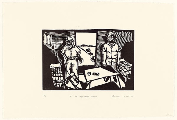 Artist: b'Carrington, Berenice.' | Title: b'At the Highways camp' | Date: 1991 | Technique: b'linocut, printed in black ink, from one block'