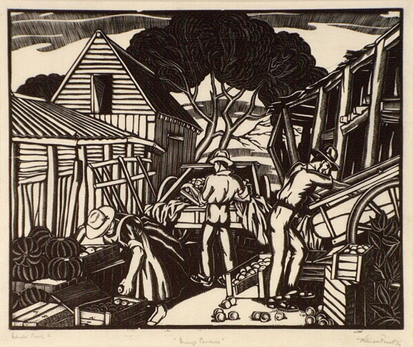 Artist: b'FEINT, Adrian' | Title: b'Orange packers.' | Date: 1930 | Technique: b'wood-engraving, printed in black ink, from one block' | Copyright: b'Courtesy the Estate of Adrian Feint'