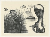 Artist: Palethorpe, Jan | Title: not titled [figure, clouds, trees and bridge] | Date: 1989 | Technique: lithograph, printed in black ink, from one stone