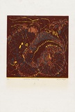 Artist: b'MEYER, Bill' | Title: b'Cycletron flowering' | Date: 1958 | Technique: b'linocut, printed in four colours, from reduction block process' | Copyright: b'\xc2\xa9 Bill Meyer'