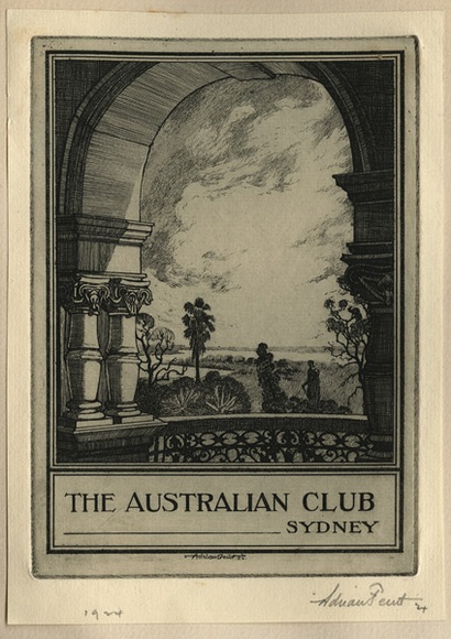 Artist: b'FEINT, Adrian' | Title: b'Bookplate: The Australian Club, Sydney.' | Date: 1924 | Technique: b'etching, printed in black ink with plate-tone, from one plate' | Copyright: b'Courtesy the Estate of Adrian Feint'