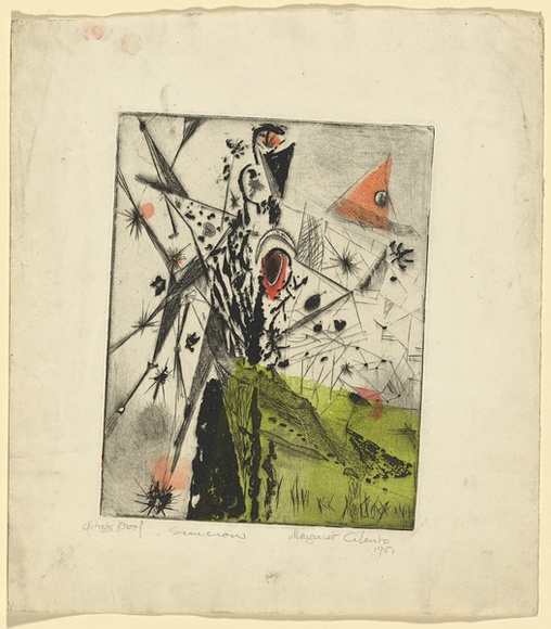 Artist: b'Cilento, Margaret.' | Title: b'Scarecrow.' | Date: 1951 | Technique: b'colour engraving, aquatint, stencil and printed with plate-tone'