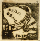 Artist: b'Craig, Sybil.' | Title: b'Bookplate: Sybil Craig (tail wagger).' | Technique: b'linocut, printed in black ink, from one block'