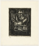 Artist: AMOR, Rick | Title: Newspaper seller. | Date: 1968 | Technique: etching, printed in black ink with plate-tone, from one plate | Copyright: Image reproduced courtesy the artist and Niagara Galleries, Melbourne