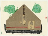 Artist: Lynn, Elwyn. | Title: Pyramid with green clouds | Date: 1982, 7 March | Technique: lithograph, printed in black ink, from one stone; collage, fabric and commercially printed matter; hand applied ink, paint and crayon
