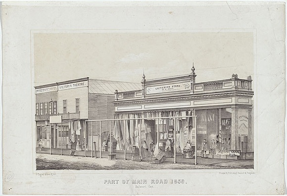 Artist: b'Cogne, Francois.' | Title: b'Part of the Main Road 1859, Ballarat East.' | Date: 1859 | Technique: b'lithograph, printed in colour, from two stones (black image, buff tint-stone)'