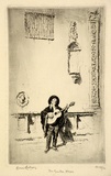 Artist: LINDSAY, Lionel | Title: The guitar player | Date: 1920 | Technique: etching, printed in warm black ink with plate-tone, from one plate | Copyright: Courtesy of the National Library of Australia