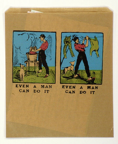 Artist: b'UNKNOWN' | Title: b'Even a man can do it: contains text to an exhibition of poster titled Bill Posters appreciated - a catalogue in a format of 8 small sheets' | Date: 1984 | Technique: b'screenprint, printed in colour, from four stencils'