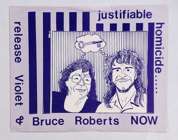 Artist: b'UNKNOWN' | Title: b'Justifiable homicide ..... release Violet and Bruce Roberts NOW: a postcard.' | Technique: b'offset-lithograph, printed in colour, from multiple stones [or plates]'