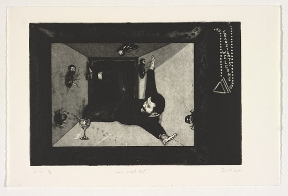 Artist: b'James, Garry.' | Title: b'Roach motel - hell' | Date: 1991, January | Technique: b'etching printed in warm black ink with plate-tone, from one plate'