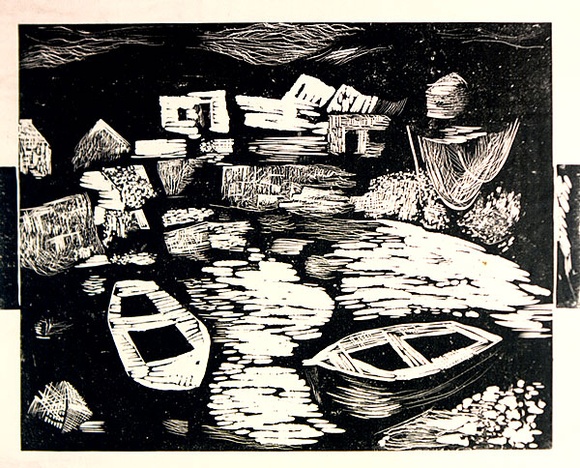 Artist: b'Adams, Tate.' | Title: b'(Irish fishing village).' | Date: 1954 | Technique: b'linocut, printed in black ink, from one block'