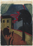 Artist: b'Black, Dorrit.' | Title: b'The eruption.' | Date: c.1929 | Technique: b'linocut, printed in colour, from four blocks (black, blue, green, red)'