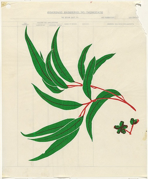 Artist: b'Lightbody, Graham.' | Title: b'not titled [Spray of gum leaves]' | Date: 1978 | Technique: b'screenprint, printed in colour, from two stencils' | Copyright: b'Courtesy Graham Lightbody'