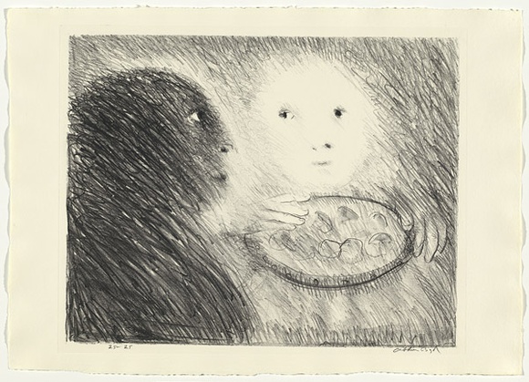 Artist: b'BOYD, Arthur' | Title: b'St Clare offering marzipan to St Francis.' | Date: (1965) | Technique: b'lithograph, printed in black ink, from one plate' | Copyright: b'Reproduced with permission of Bundanon Trust'