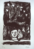 Artist: Bourke, Collien. | Title: not titled [two faces in oval near water] | Date: 1995, 6 March | Technique: lithograph, printed in black ink, from one stone