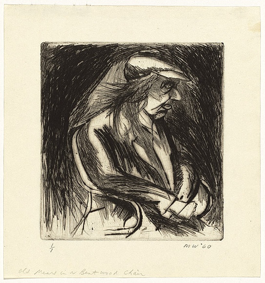 Artist: b'WALKER, Murray' | Title: b'Old Mears in a bentwood chair' | Date: 1960 | Technique: b'drypoint, printed in black ink, from one plate'