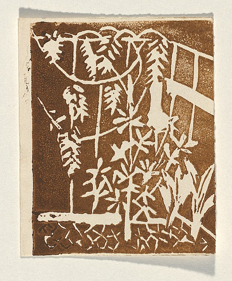Title: Card: [garden] | Technique: linocut, printed in brown ink, from one block