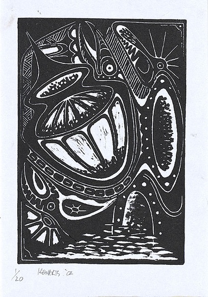 Artist: b'Bunam, Kona.' | Title: b'not titled [composition with pots].' | Date: 2002 | Technique: b'linocut, printed in black ink, from one block'