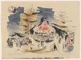 Artist: MACQUEEN, Mary | Title: Carnival, San Remo | Date: 1957 | Technique: lithograph, printed in black ink, from one plate; hand-coloured | Copyright: Courtesy Paulette Calhoun, for the estate of Mary Macqueen