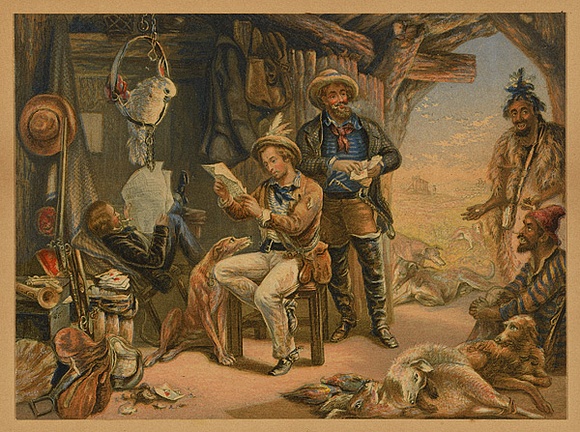 Artist: b'MELVILLE, Harden S.' | Title: b'Australia. News from home.' | Date: 1853 | Technique: b'etching, wood-engraving (Baxter print) printed in colour'