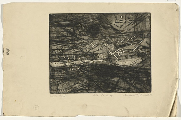 Artist: b'Cilento, Margaret.' | Title: b'Old landscape.' | Date: 1950 | Technique: b'etching, aquatint, printed in black ink with plate-tone, from two plates'