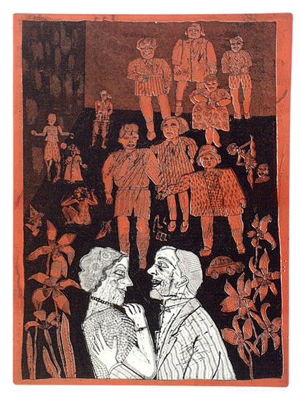 Artist: b'HANRAHAN, Barbara' | Title: b'The engagement' | Date: 1979 | Technique: b'relief-etching, printed in colour with plate-tone, from two plates'