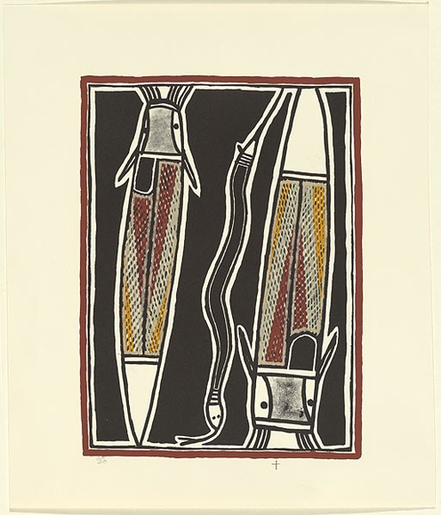 Artist: b'Malangi Daymirringu, David.' | Title: b'Catfish and snake' | Date: 1994 | Technique: b'lithograph, printed in brown, from one stone [or plate]; hand-coloured' | Copyright: b'\xc2\xa9 David Malangi. Licensed by VISCOPY, Australia'