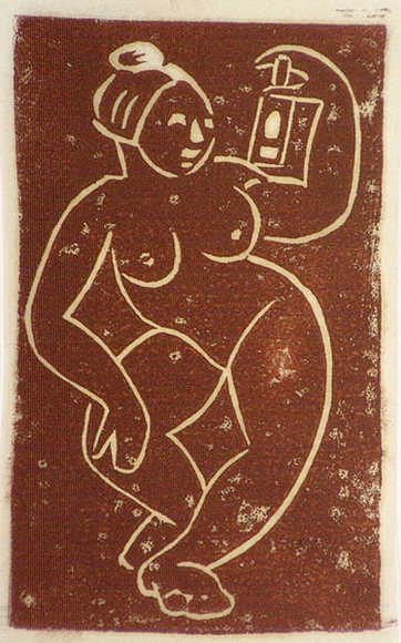 Artist: b'Stephen, Clive.' | Title: b'(Nude with lantern)' | Date: c.1950 | Technique: b'linocut, printed in reddish/brown ink, froom one block'