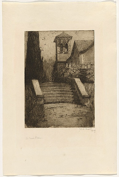 Artist: b'TRAILL, Jessie' | Title: b'The Tower House' | Date: 1909 | Technique: b'etching, drypoint and foul biting, printed in black ink with plate-tone, from one plate'