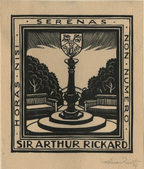 Artist: b'FEINT, Adrian' | Title: b'Bookplate: Sir Arthur Rickard.' | Date: 1929 | Technique: b'wood-engraving, printed in black ink, from one block' | Copyright: b'Courtesy the Estate of Adrian Feint'